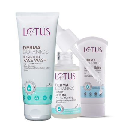 Lotus DermaBotanics Kojic Acid + Multi Berry Blemish-Free Face Wash(100 ml) + Kojic Acid + Multi Berry Hi-Dose Serum(28 ml) +Hydra Active Gel Moisturiser 2.5% Hyaluronic Acid Complex(50 gm) (Pack of 3) 