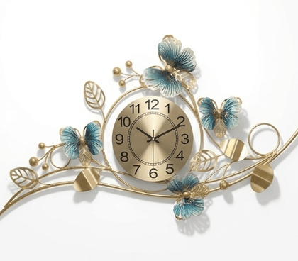 Royal Butterfly Horizon Wall Clock – Handcrafted Gold & Azure Metal Art