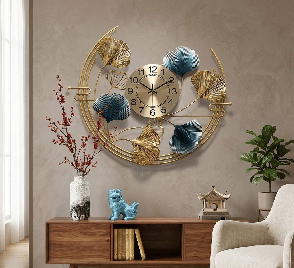 Artisan Botanical Crescent Wall Clock – Gold & Teal Filigree Metal Art