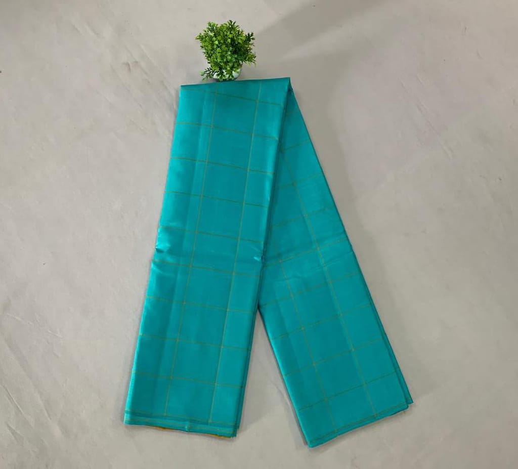NVJSDS041-Aqua Blue (Peacock Blue Tone) with Gold Checks (Kattam Design) - Sarees | Buy online on ZillyBuy