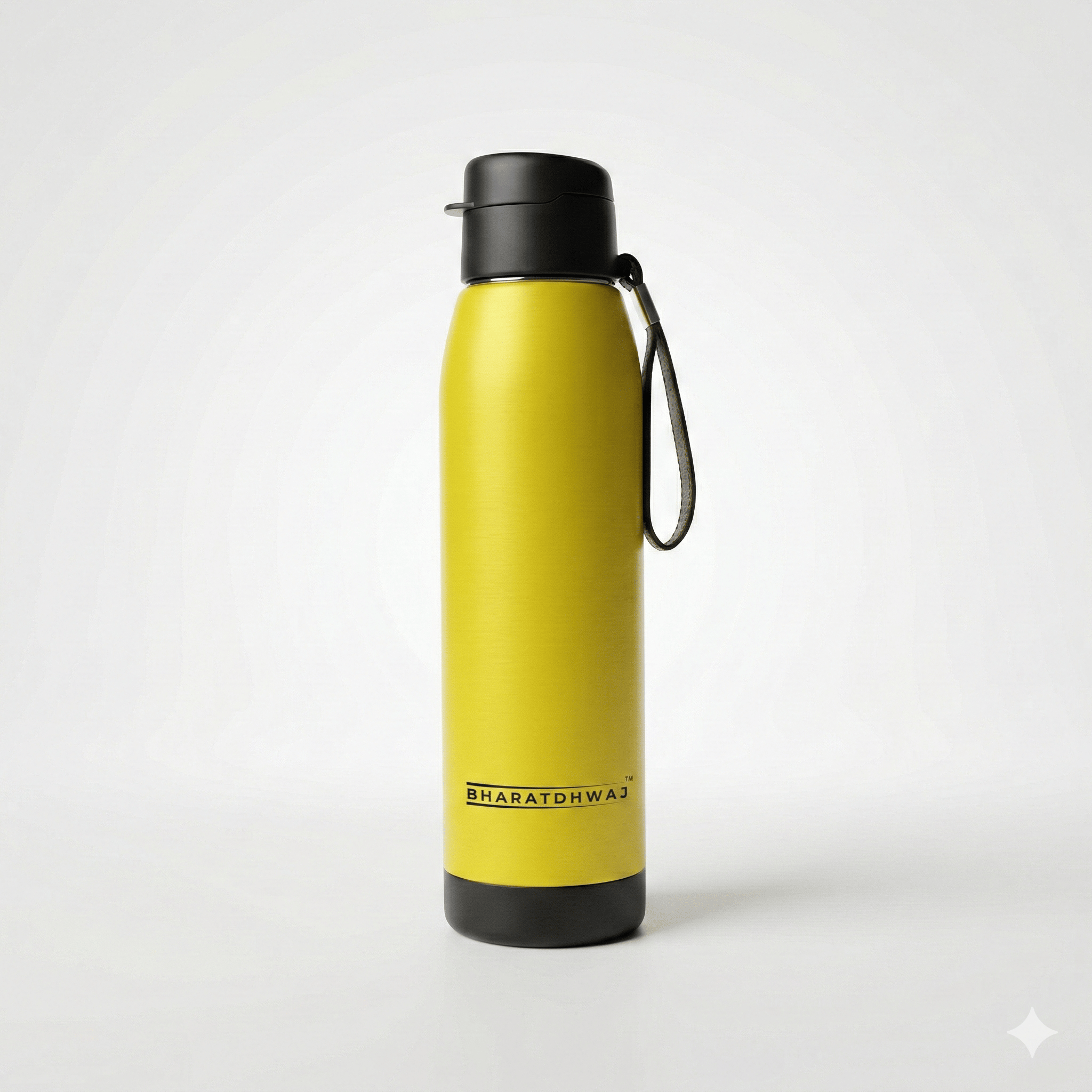 BHARATDHWAJ XON 700ml Premium PU Coated Stainless Steel Water Bottle | Insulated Hot & Cold Flask | Leakproof Travel Bottle with Strap | Matte Yellow Finish