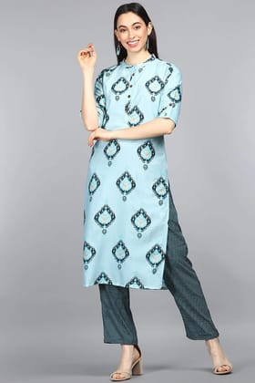 Blue Poly Crepe Ethnic Motifs Straight Kurta Set PKSET1025