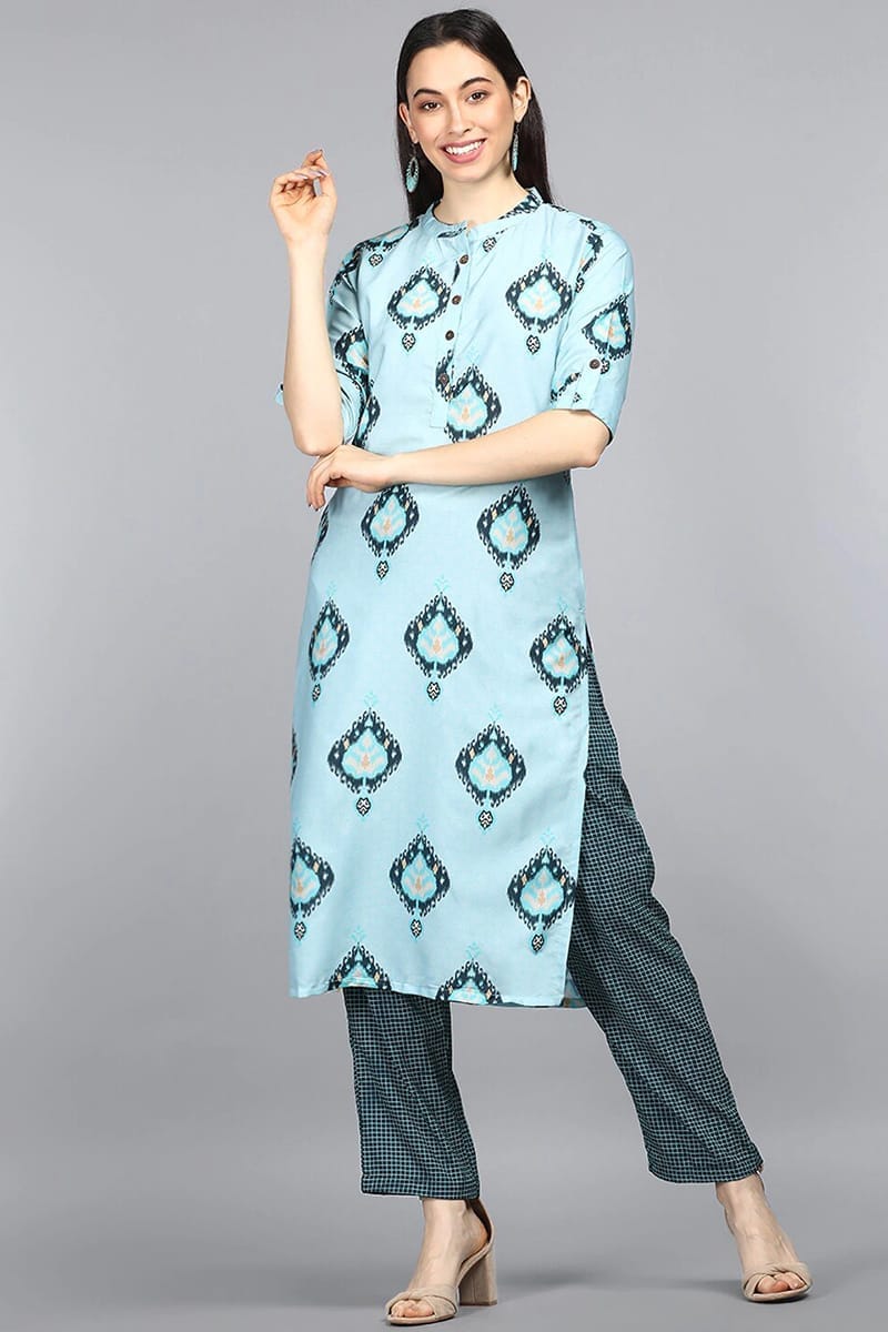 Blue Poly Crepe Ethnic Motifs Straight Kurta Set PKSET1025