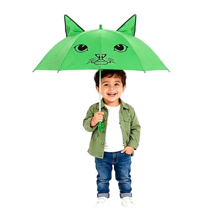 Kids Umbrella with Cat Design, Green, Animal Themed Canopy with Ears for Boys and Girls