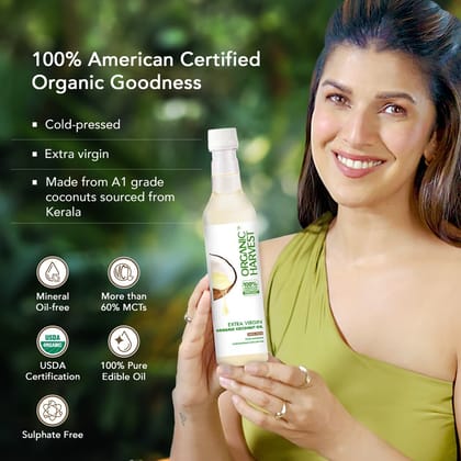 Organic Extra Virgin Coconut Oil: 100% Pure | Cold Pressed Coconut Oil for Hair, Face & Baby Massages | Moisturizes & Hydrates | 500 ML