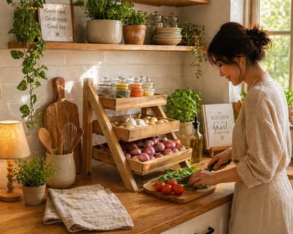 Orchid Homez Solid Wood Vegetable and Fruit Stand | Multipurpose Kitchen Organizer | Onion Baskets for Storage. Sturdy Vegetable Rack for Kitchen. Perfect Vegetable and Fruit Basket for Kitchen Storage. Durable Vegetable and Fruit Storage Unit (3 Layer).