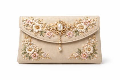 Beige Floral Embroidered Bridal Clutch with Pearl Accents