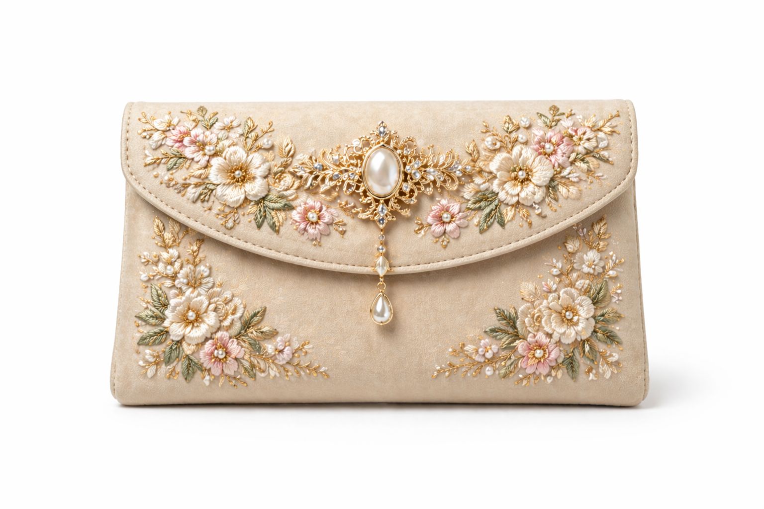 Beige Floral Embroidered Bridal Clutch with Pearl Accents