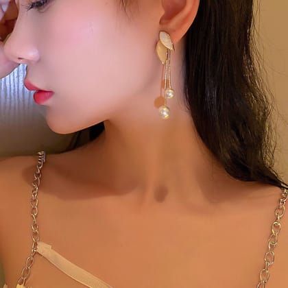 Long Chain Pearl Earrings Set for Women & Girls | Gold Drop Ear Rings | Stylish Earings Jewellery for Women | Valentine Gift for Girlfriend, Wife & Couple Aesthetic 