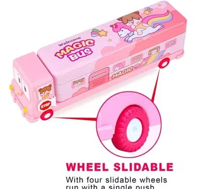 2-in-1 Cartoon School Bus Pencil Box with Wheels & Sharpener – Compass Box Toy for Kids (Pink)
