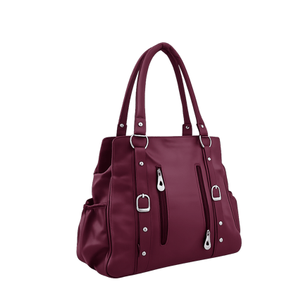 Elegant Structured Burgundy Tote Bag with Decorative Buckle Accents