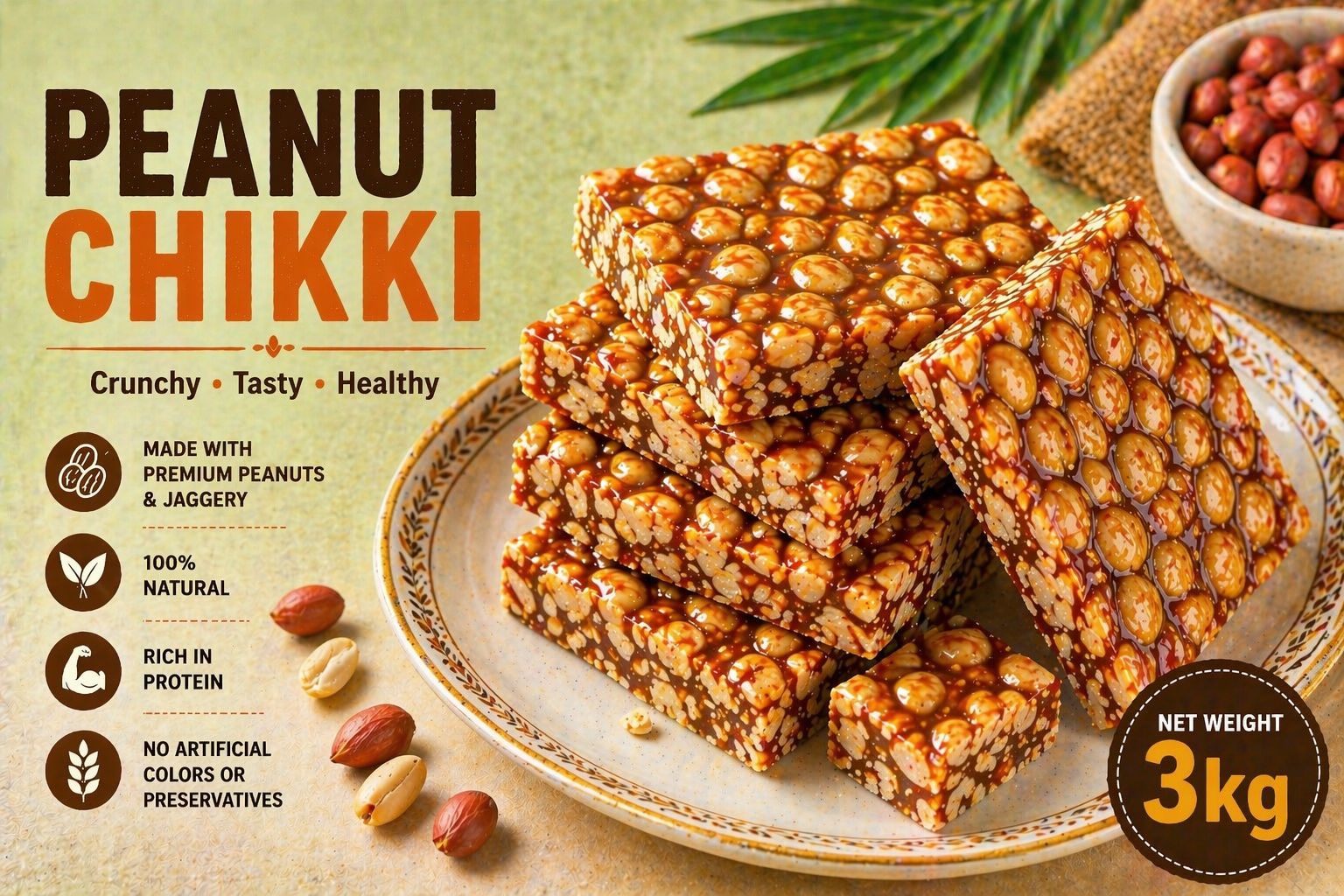 Peanut Chikki, Moongfali Gur Patti, Groundnut Brittle, Shengdana Chikki, Gur Badam Bar 3kg