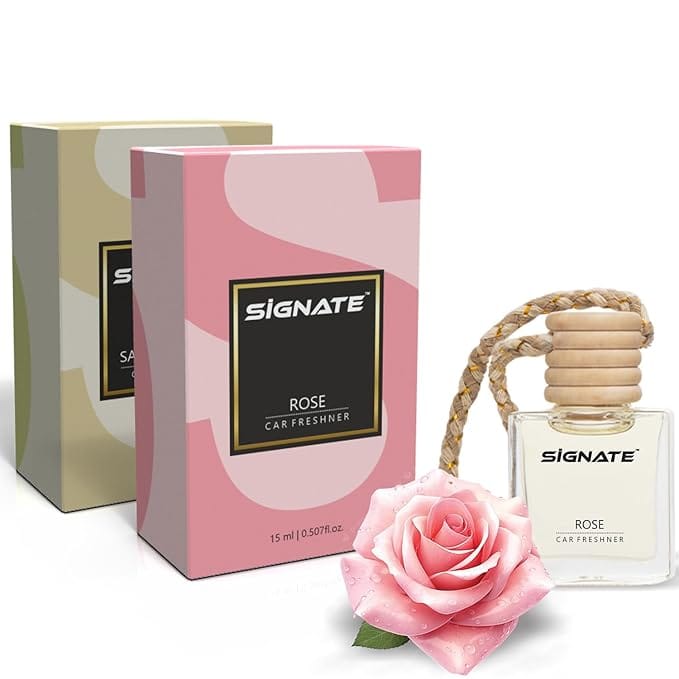 Signate Car Perfume with Natural Fragrance Essential Oils | Car Air Fresheners Long Lasting Upto 90 Days | Hanging Pod in Glass Bottle with Wooden Diffuser Lid  (Rose 15ML + Sandal Air 15ML)