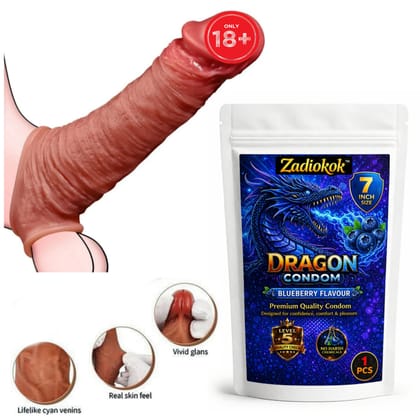 Zadiokok 7 Inch Dragon Condom Reusable BlueBerry Flavour, Intense Sensation Realistic Skin Feel & Safe Protection Comfortable Fit (1 Pc) Set
