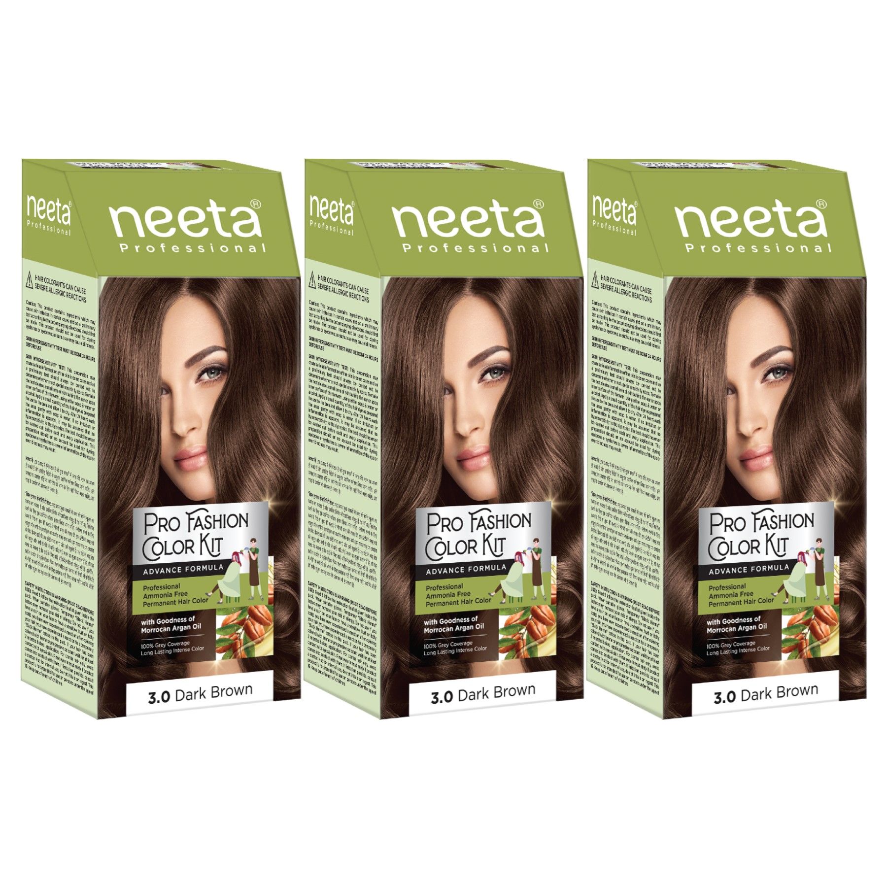 Neeta Professional Pro Fashion Color Kit 3.0 Dark Brown 100g Pack of 3, Permanent Hair Color, Creme Hair Colour for Women & Men