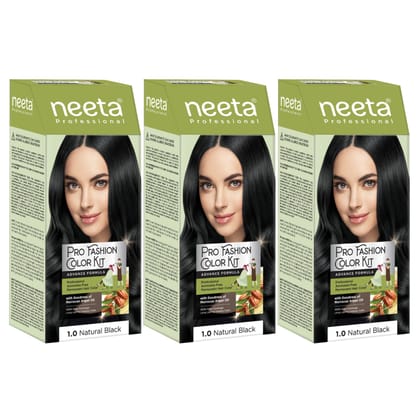 Neeta Professional Pro Fashion Color Kit 1.0 Natural Black 100g Pack of 3, Permanent Hair Color, Creme Hair Colour for Women & Men