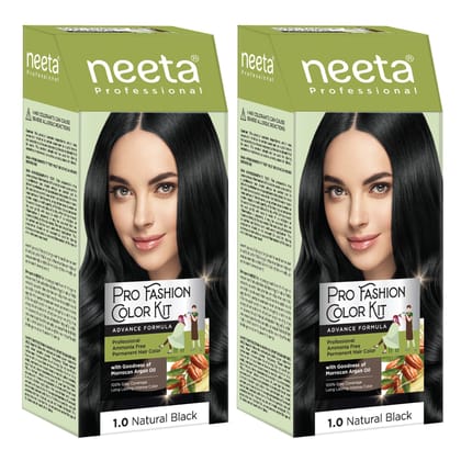 Neeta Professional Pro Fashion Color Kit 1.0 Natural Black 100g Pack of 2, Permanent Hair Color, Creme Hair Colour for Women & Men