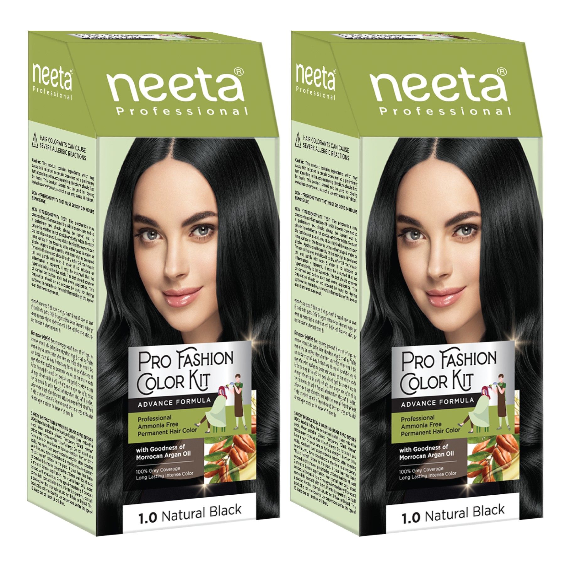 Neeta Professional Pro Fashion Color Kit 1.0 Natural Black 100g Pack of 2, Permanent Hair Color, Creme Hair Colour for Women & Men