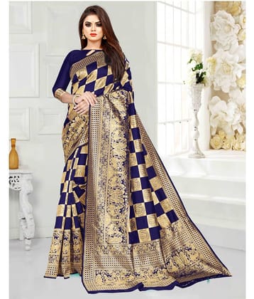 Gazal Fashions Banarasi Silk Printed Saree With Unstitched Blouse Piece ( Blue )