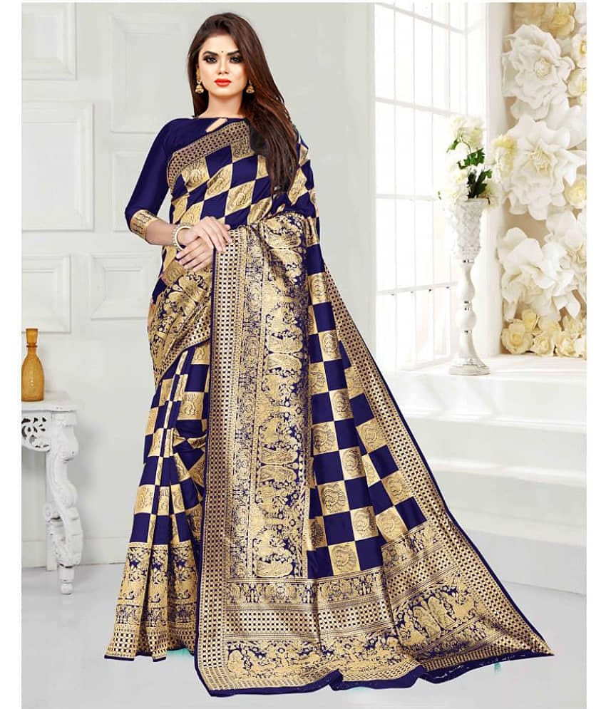 Gazal Fashions Banarasi Silk Printed Saree With Unstitched Blouse Piece ( Blue )