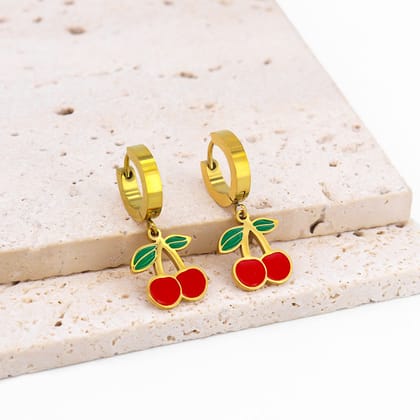 Red Fruits Dangle Hoops Earring for Women Girls Gold Plated Stainless Steel Chunky Fashion Strawberry Watermelon Cherry Fruit Statement Drop Dangling Huggie Hoops Hypoallergenic Jewelry