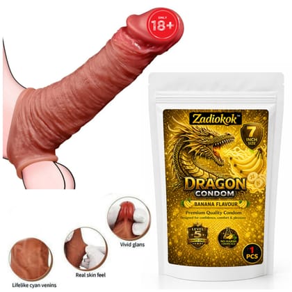 Zadiokok 7 Inch Dragon Condom Reusable Banana Flavour, Intense Sensation Realistic Skin Feel & Safe Protection Comfortable Fit (1 Pc) Set