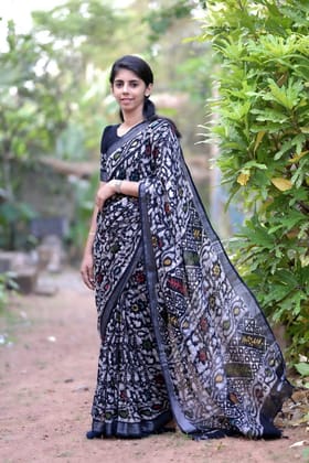 Black Multicolour Linen Saree