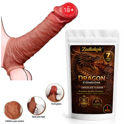 Zadiokok 7 Inch Dragon Condom Reusable Chocolate Flavour, Intense Sensation Realistic Skin Feel & Safe Protection Comfortable Fit (1 Pc) Set