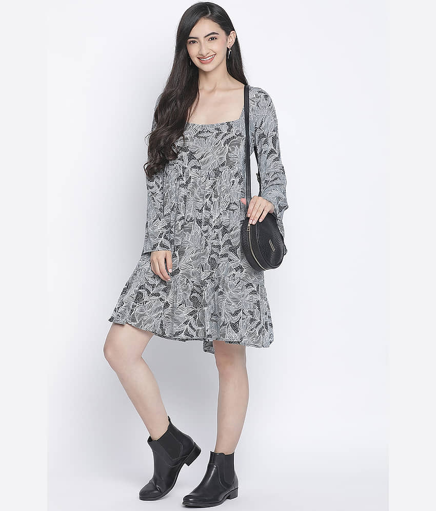 Oxolloxo Women Viscose Rayon Printed A-line Dress ( Grey )