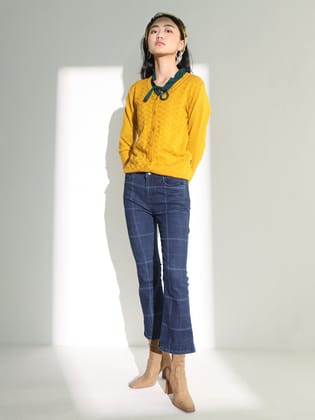 Check Bootcut Jeans-26 / Navy Blue