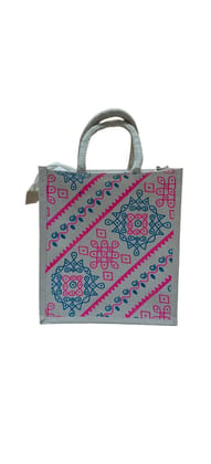 Geometric Print Jute Tote Handbag with Zipper