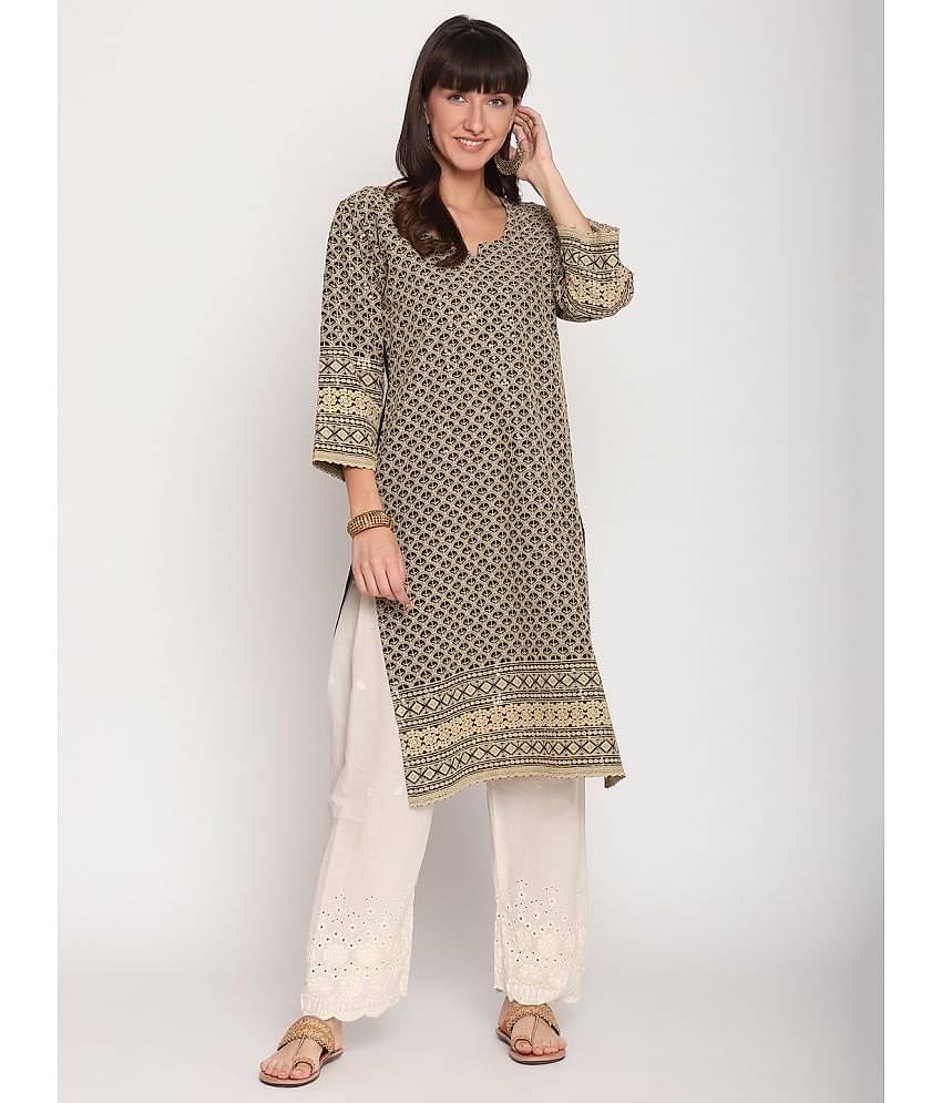 Queenley - Beige Cotton Women's Straight Kurti ( Pack of 1 )