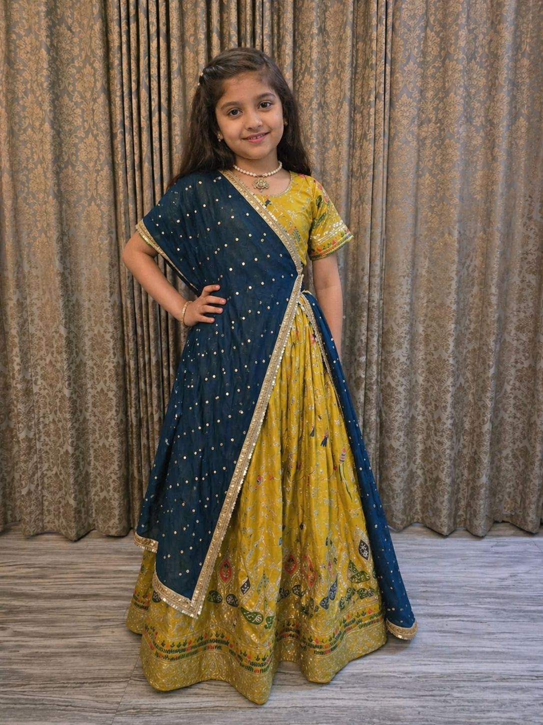 Girls Mustard Yellow Printed Lehenga Choli with Blue Dupatta