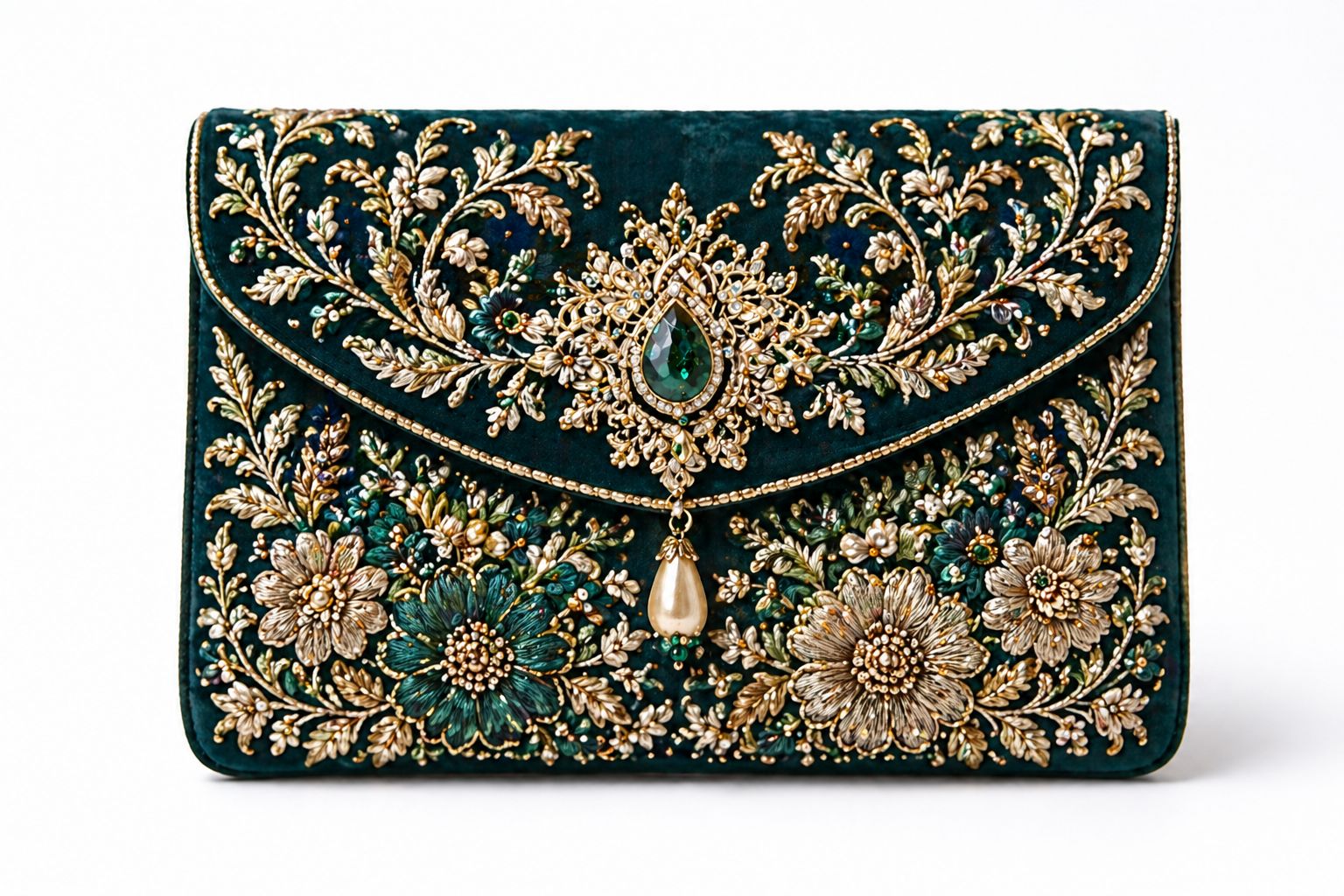 Embroidered Velvet Evening Clutch Bag with Gemstone Detail