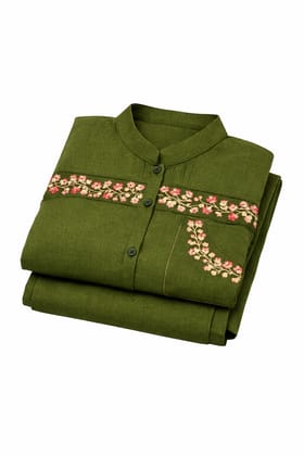 Olive Green Embroidered Straight Kurta with Matching Trousers Set