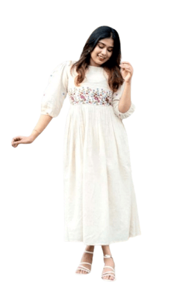 Women's Cream Floral Embroidered Cotton Midi Dress