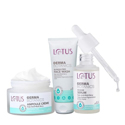Lotus Dermabotanics Kojic Acid + Multi Berry Hi-Dose Serum(28ml) + Kojic Acid + Multi Berry Ampoule Face Cream(50gm) +Kojic Acid + Multi Berry Blemish-Free Face Wash(100gm) Pack of 3