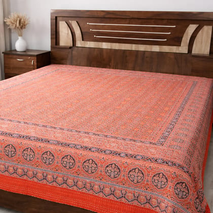 Traditional  Ajrakh Print Cotton Bedsheet with Authentic Handmade Kantha Work (90*108)