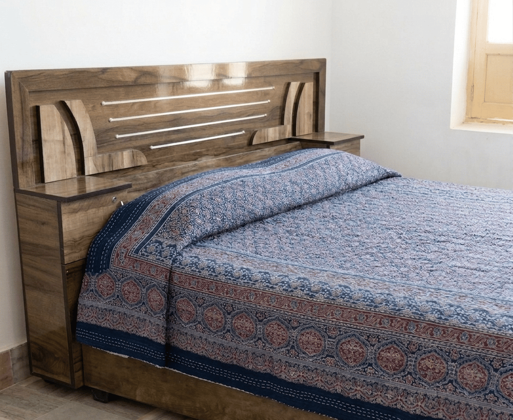 Traditional Ajrakh Print Cotton Bedsheet with Authentic Handmade Kantha Work (90*108)