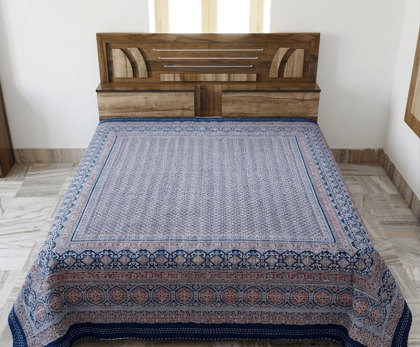  Traditional  Ajrakh Print Cotton Bedsheet with Authentic Handmade Kantha Work (90*108)