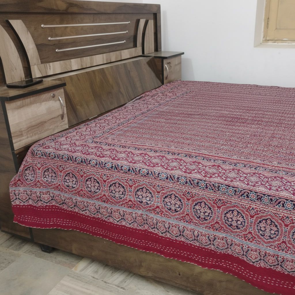 Traditional Ajrakh Print Cotton Bedsheet with Authentic Handmade Kantha Work (90*108)