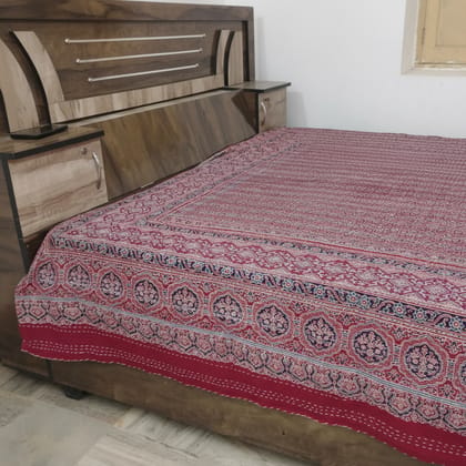 Traditional  Ajrakh Print Cotton Bedsheet with Authentic Handmade Kantha Work (90*108)