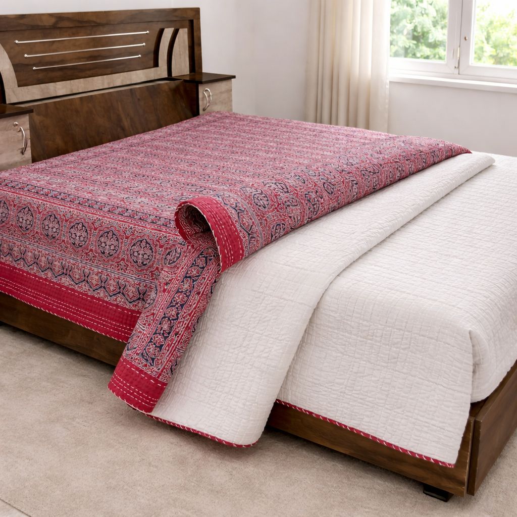 Traditional Ajrakh Print Cotton Bedsheet with Authentic Handmade Kantha Work (90*108)