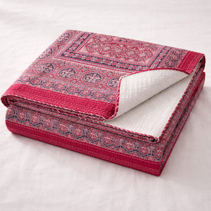  Traditional  Ajrakh Print Cotton Bedsheet with Authentic Handmade Kantha Work (90*108)