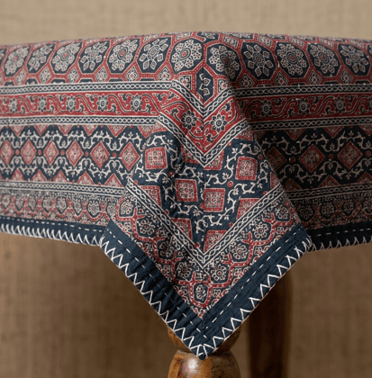  Traditional  Ajrakh Print Cotton Bedsheet with Authentic Handmade Kantha Work (90*108)