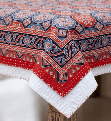 Traditional  Ajrakh Print Cotton Bedsheet with Authentic Handmade Kantha Work (90*108)