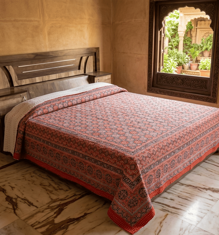 Traditional Ajrakh Print Cotton Bedsheet with Authentic Handmade Kantha Work (90*108)