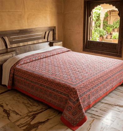 Traditional  Ajrakh Print Cotton Bedsheet with Authentic Handmade Kantha Work (90*108)