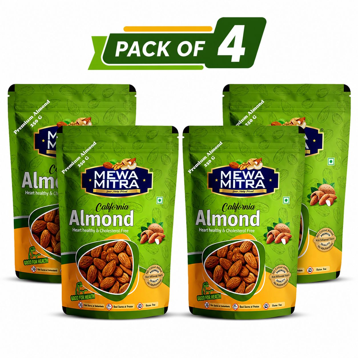MewaMitra Premium Almonds 1kg (Pack of 4 x 250g) | Handpicked Badam Giri | Natural Californian Almonds | High Protein Luxury Dry Fruits