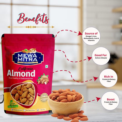 MewaMitra Regular Almonds 1kg (Pack of 4 x 250g) | Badam Giri | Natural Raw Almonds | Healthy Dry Fruits | Daily Snack Nuts